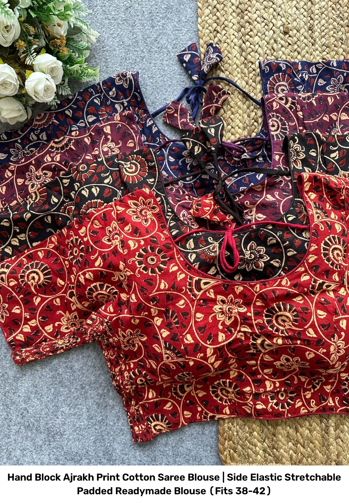 Hand Block Ajrakh Print Cotton Saree Blouse | Side Elastic Stretchable Padded Readymade Blouse (Fits 38-42) 2
