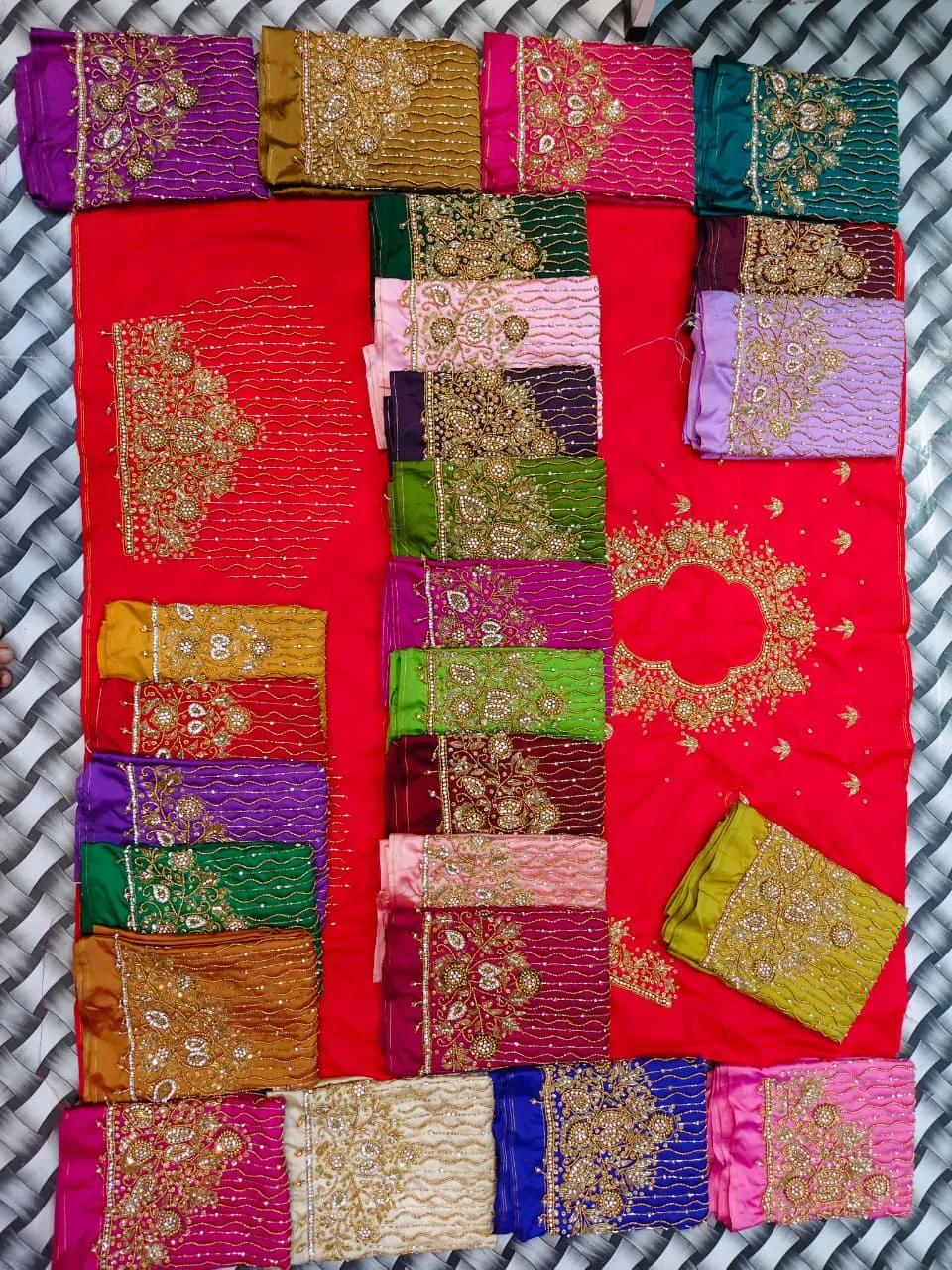 Hand Embroidered Aari Work Silk Blouse Piece | Designer Multi-Color Unstitched Bridal Saree Fabric