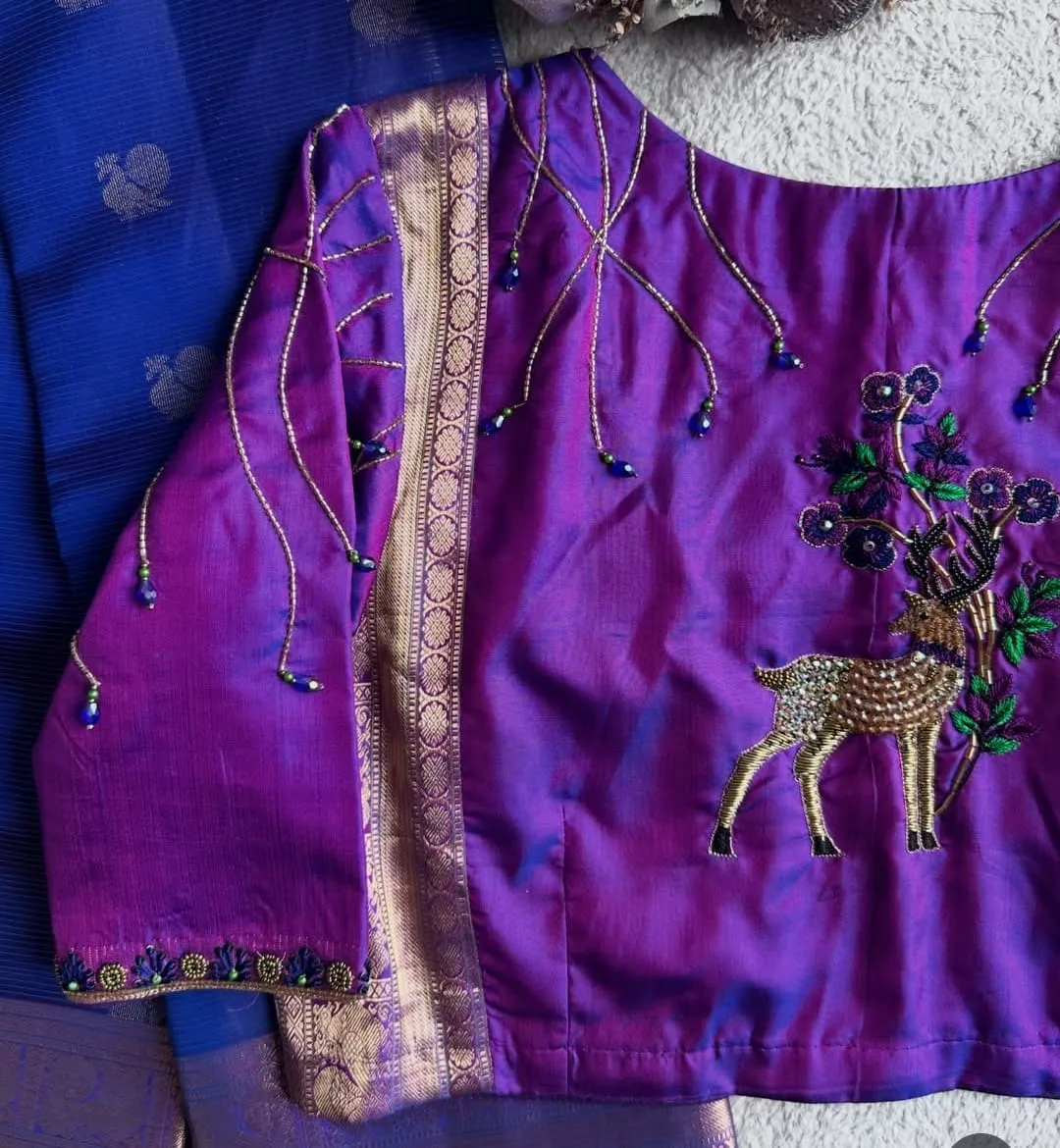 Hand Embroidered Boat Neck Purple Silk Blouse with Handcrafted Deer Zardosi Work & Draped Zari Hanging Beads