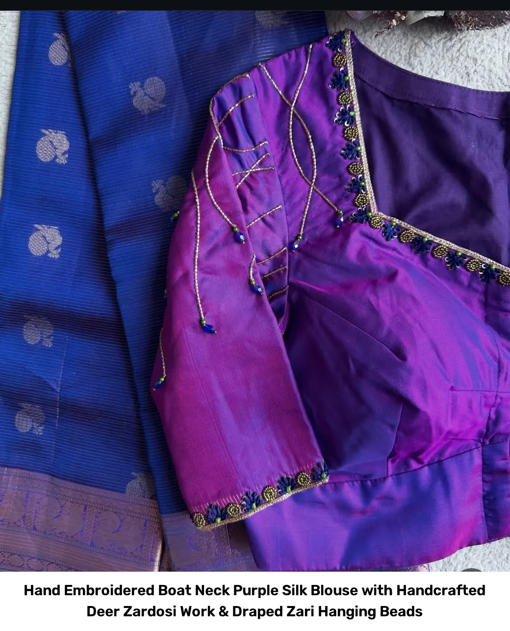 Hand Embroidered Boat Neck Purple Silk Blouse with Handcrafted Deer Zardosi Work & Draped Zari Hanging Beads 2
