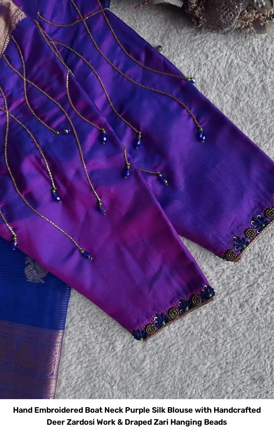 Hand Embroidered Boat Neck Purple Silk Blouse with Handcrafted Deer Zardosi Work & Draped Zari Hanging Beads 3