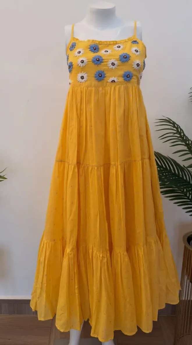 Hand-Embroidered Daisy Bodice Flared Tiered Maxi Dress in Cotton Mulmul