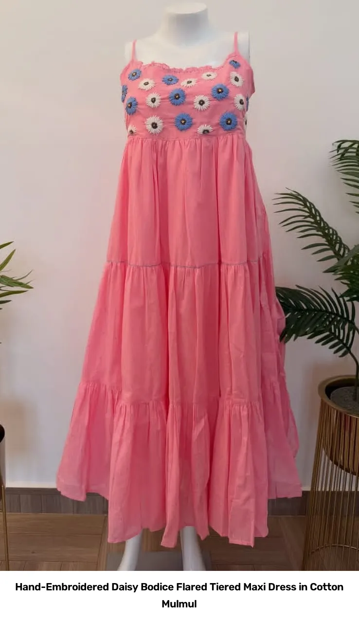 Hand-Embroidered Daisy Bodice Flared Tiered Maxi Dress in Cotton Mulmul 2