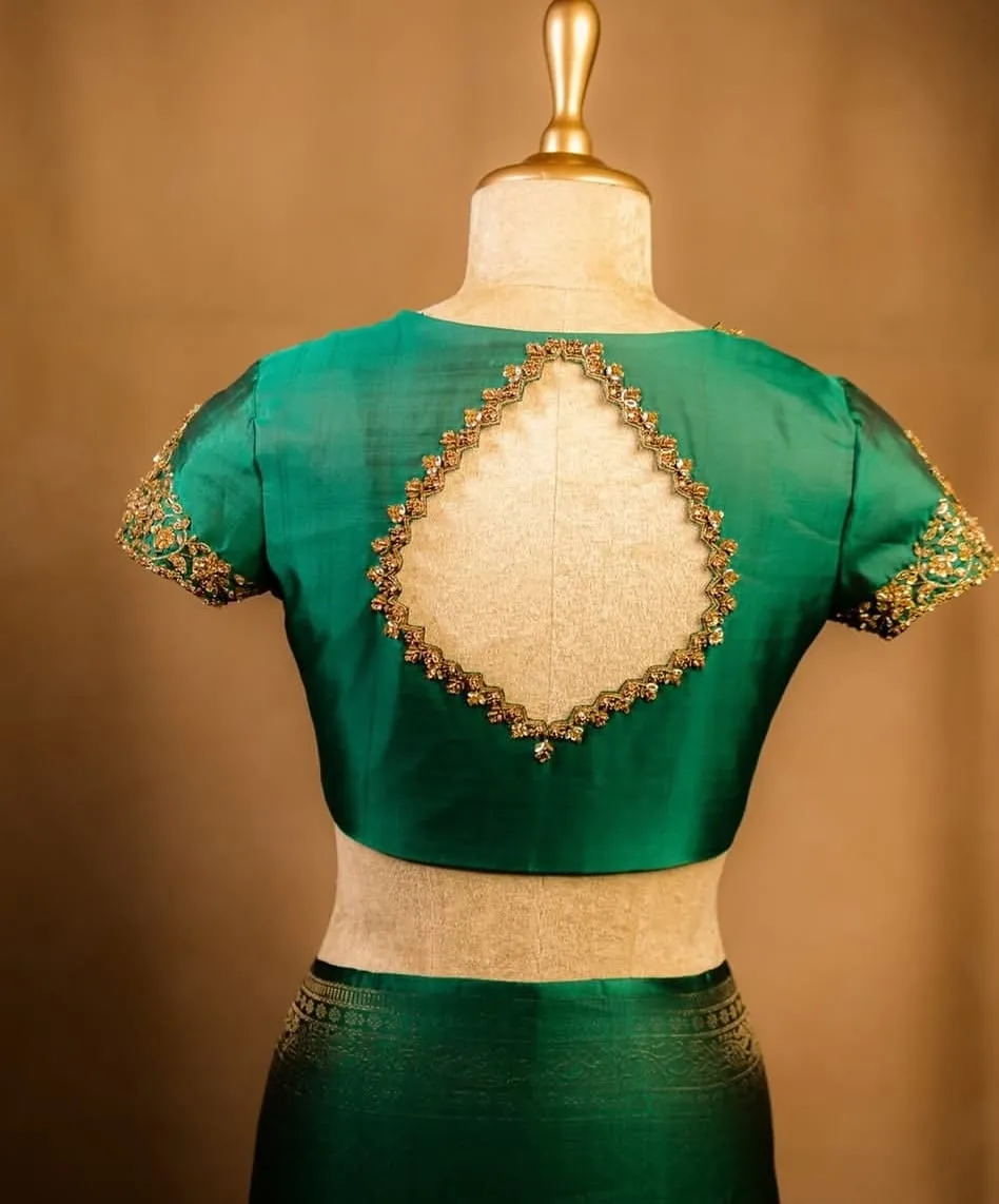 Hand Embroidered Green Silk Bridal Blouse with Intricate Keyhole Back Neck & Delicate Antique Gold Beadwork