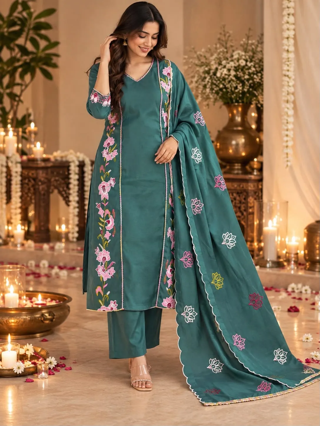 Hand Embroidered Mul Chanderi Silk Kurta Pant Set with Scallop Cutwork Dupatta | Festive 3-Piece Suit