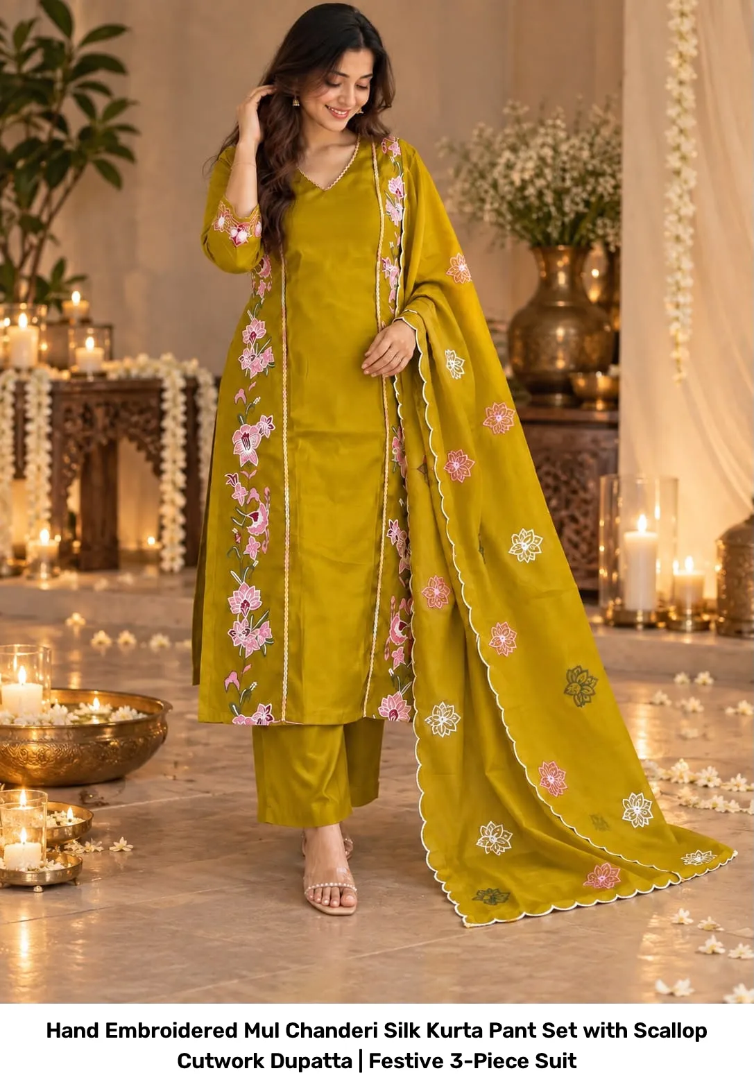 Hand Embroidered Mul Chanderi Silk Kurta Pant Set with Scallop Cutwork Dupatta | Festive 3-Piece Suit 2
