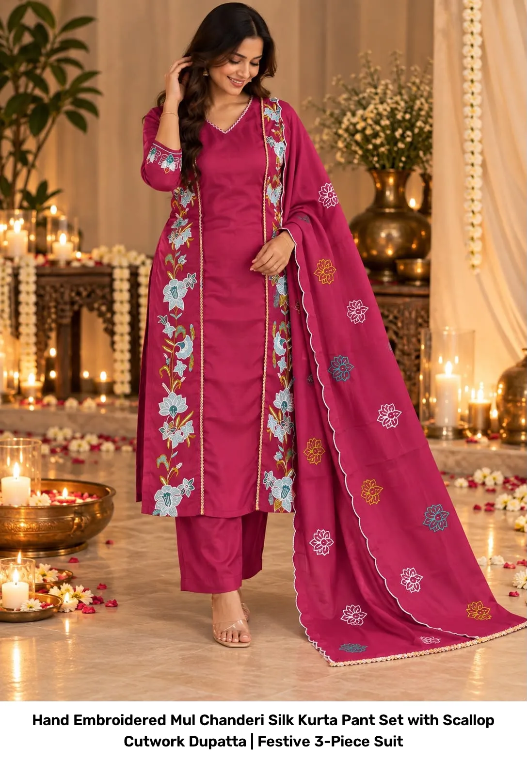 Hand Embroidered Mul Chanderi Silk Kurta Pant Set with Scallop Cutwork Dupatta | Festive 3-Piece Suit 3