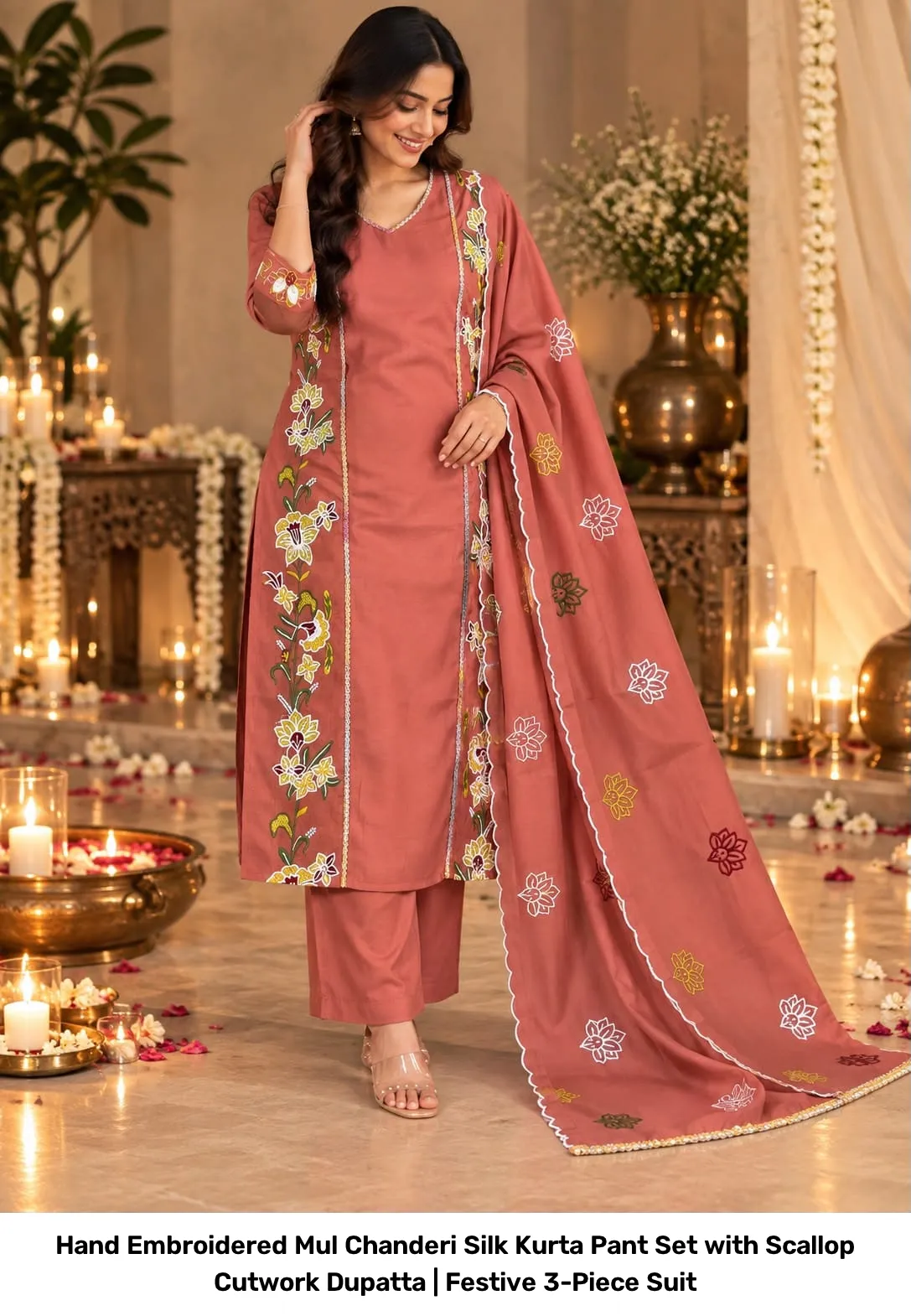 Hand Embroidered Mul Chanderi Silk Kurta Pant Set with Scallop Cutwork Dupatta | Festive 3-Piece Suit 4