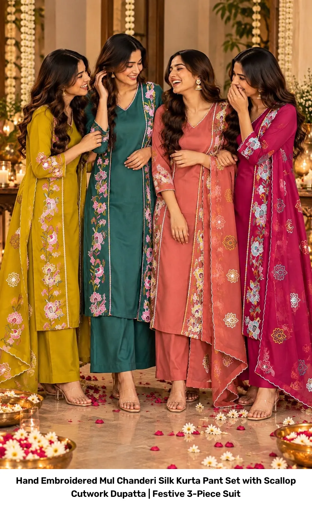 Hand Embroidered Mul Chanderi Silk Kurta Pant Set with Scallop Cutwork Dupatta | Festive 3-Piece Suit 5