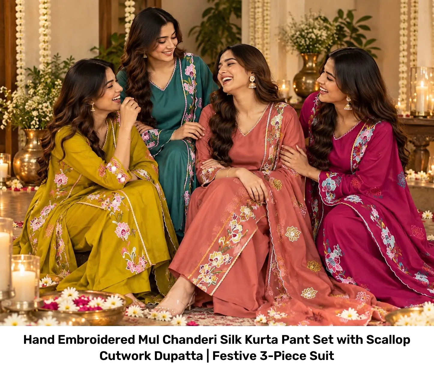 Hand Embroidered Mul Chanderi Silk Kurta Pant Set with Scallop Cutwork Dupatta | Festive 3-Piece Suit 6