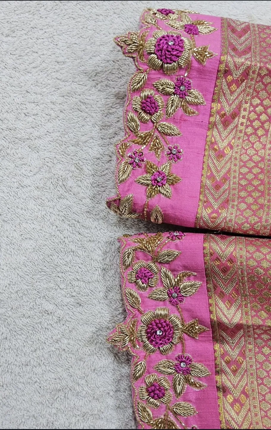 Hand Embroidered Pink Raw Silk Blouse – Scallop Cutwork Border & Keyhole Back Neck