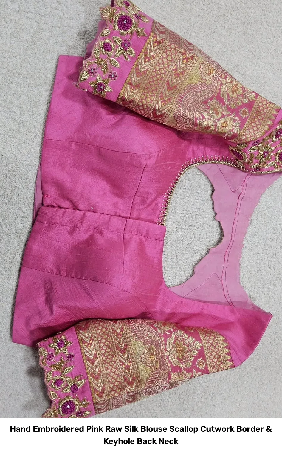 Hand Embroidered Pink Raw Silk Blouse – Scallop Cutwork Border & Keyhole Back Neck 2