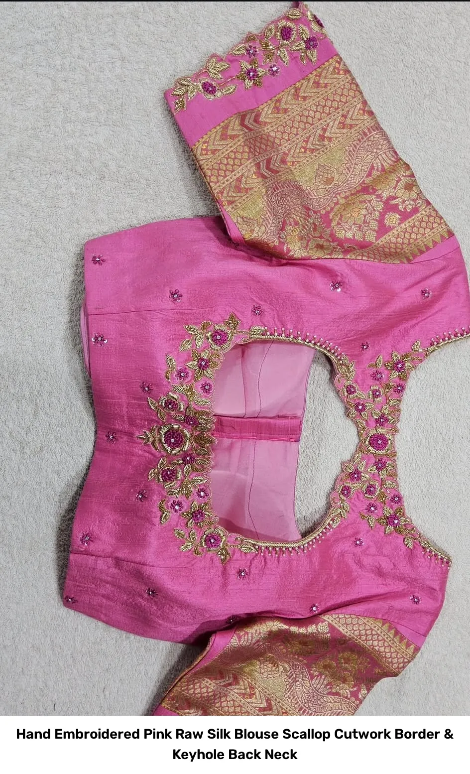 Hand Embroidered Pink Raw Silk Blouse – Scallop Cutwork Border & Keyhole Back Neck 3