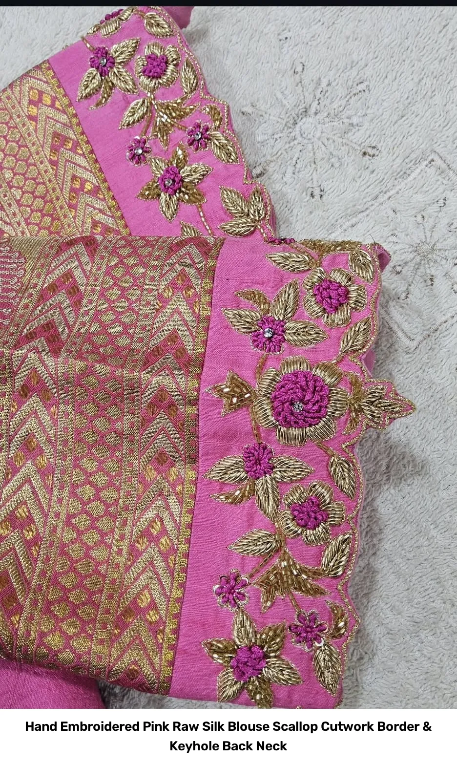 Hand Embroidered Pink Raw Silk Blouse – Scallop Cutwork Border & Keyhole Back Neck 4