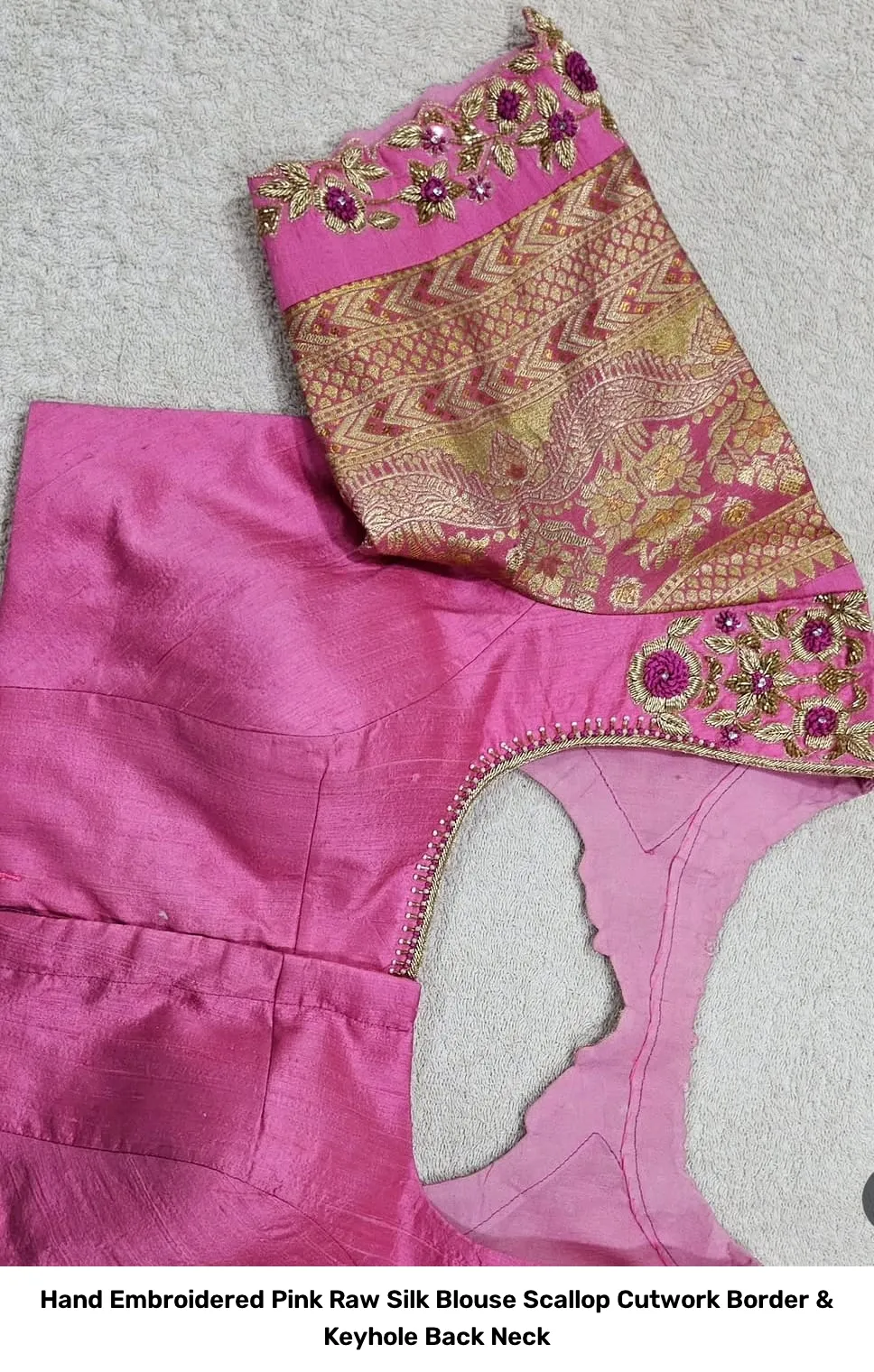Hand Embroidered Pink Raw Silk Blouse – Scallop Cutwork Border & Keyhole Back Neck 5