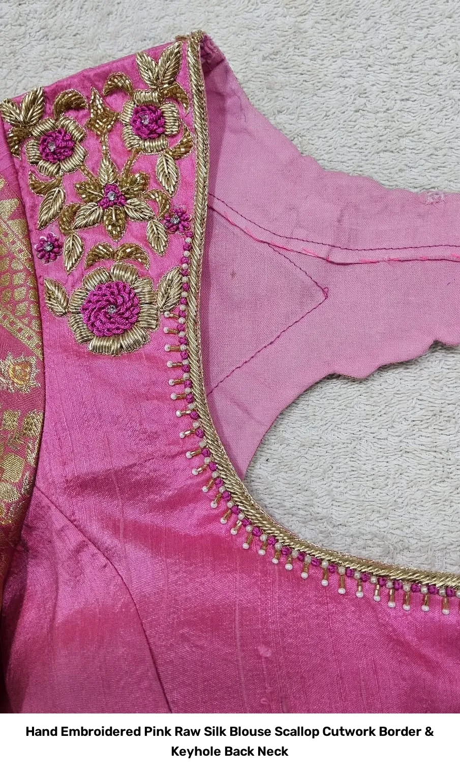 Hand Embroidered Pink Raw Silk Blouse – Scallop Cutwork Border & Keyhole Back Neck 6
