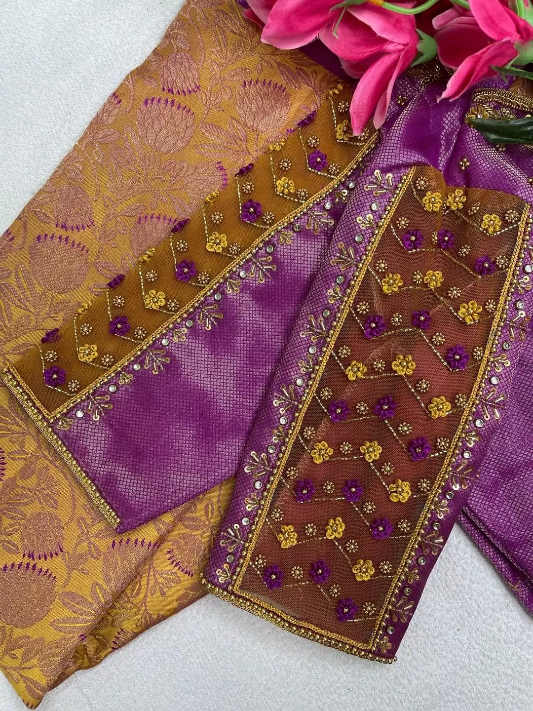 Hand Embroidered Purple & Mustard Aari Work Blouse Piece | Zardosi Floral Beadwork Scallop Neck Designer Saree Blouse