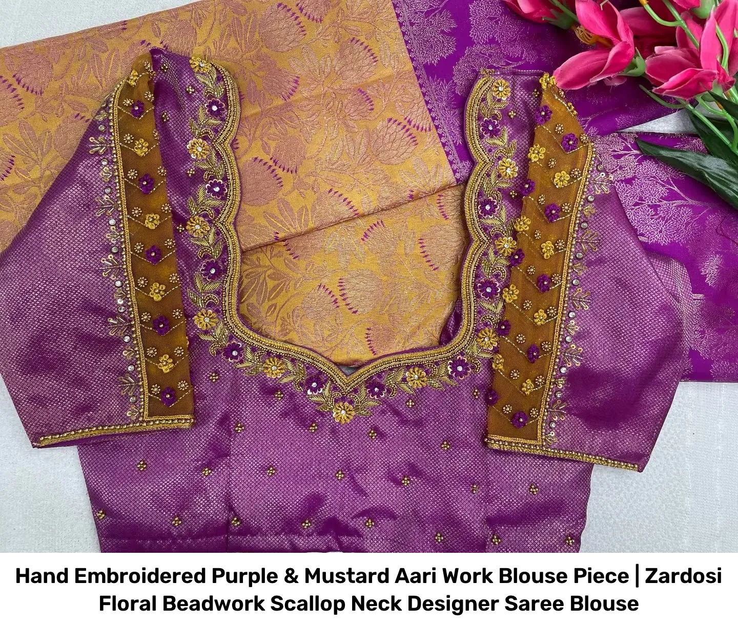 Hand Embroidered Purple & Mustard Aari Work Blouse Piece | Zardosi Floral Beadwork Scallop Neck Designer Saree Blouse 2