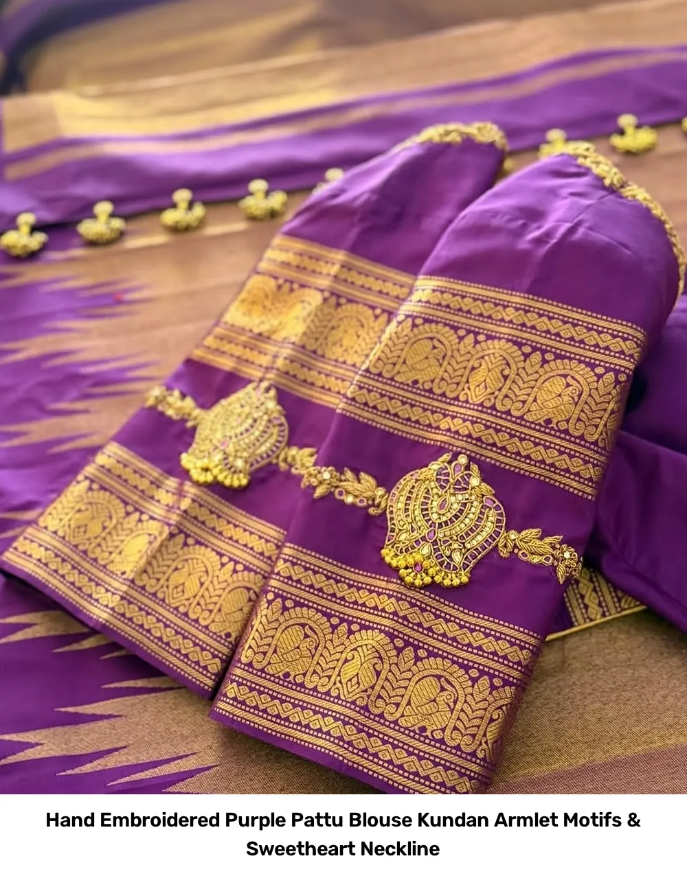 Hand Embroidered Purple Pattu Blouse – Kundan Armlet Motifs & Sweetheart Neckline 2