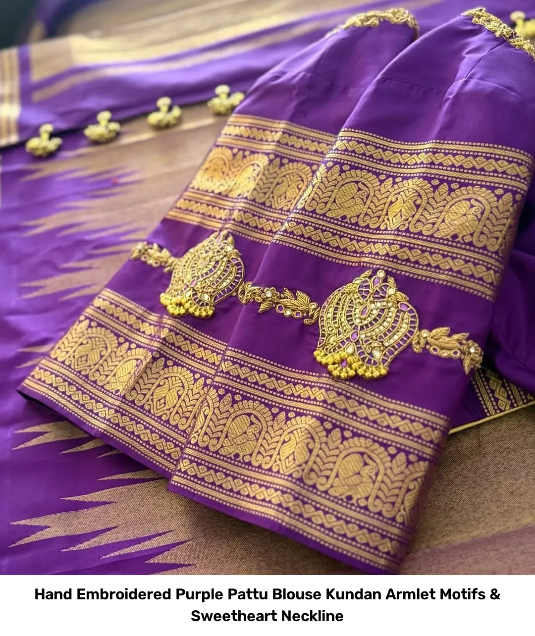 Hand Embroidered Purple Pattu Blouse – Kundan Armlet Motifs & Sweetheart Neckline 3