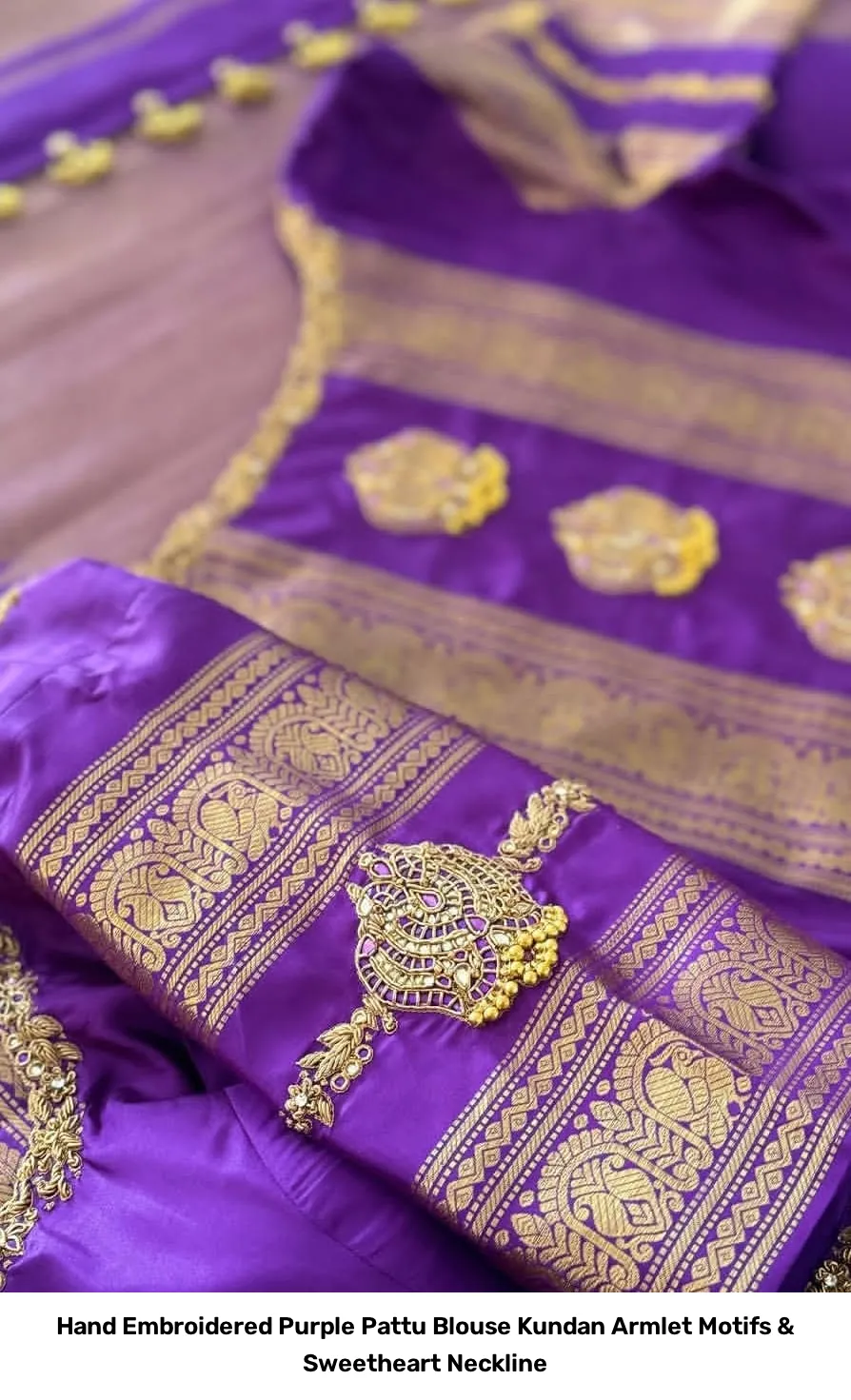 Hand Embroidered Purple Pattu Blouse – Kundan Armlet Motifs & Sweetheart Neckline 4