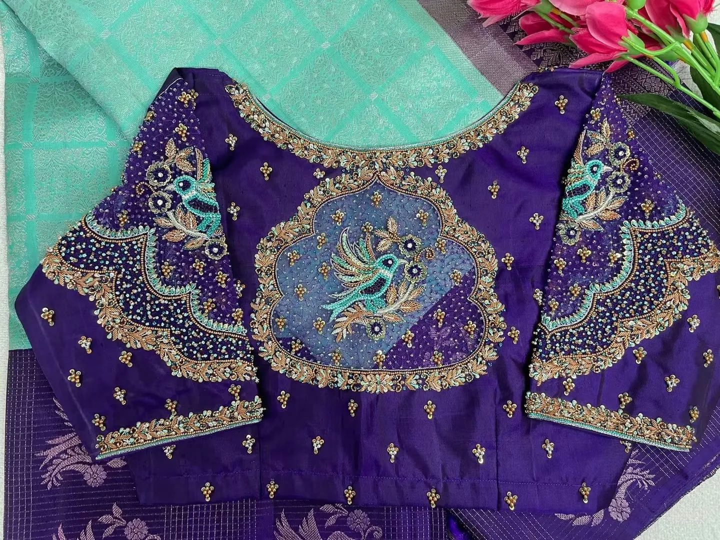 Hand Embroidered Purple Silk Blouse Piece | Zardosi Bird Medallion & Beadwork Scallop Border Designer Blouse