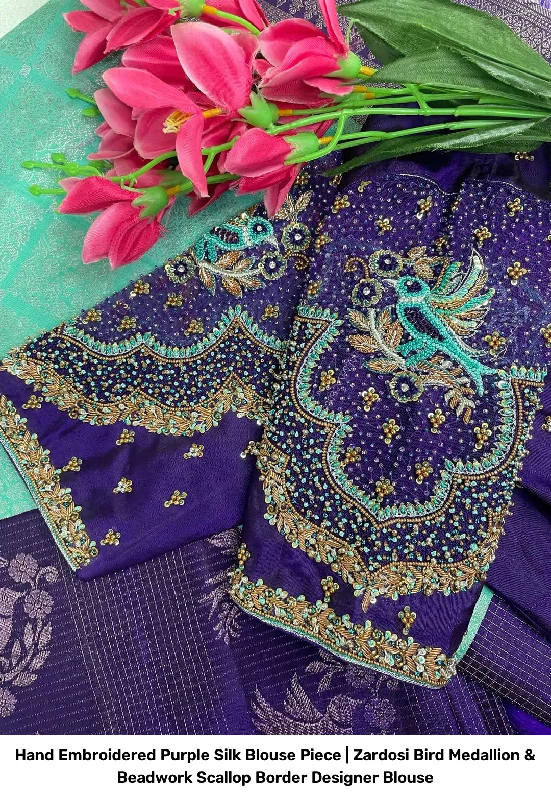 Hand Embroidered Purple Silk Blouse Piece | Zardosi Bird Medallion & Beadwork Scallop Border Designer Blouse 2