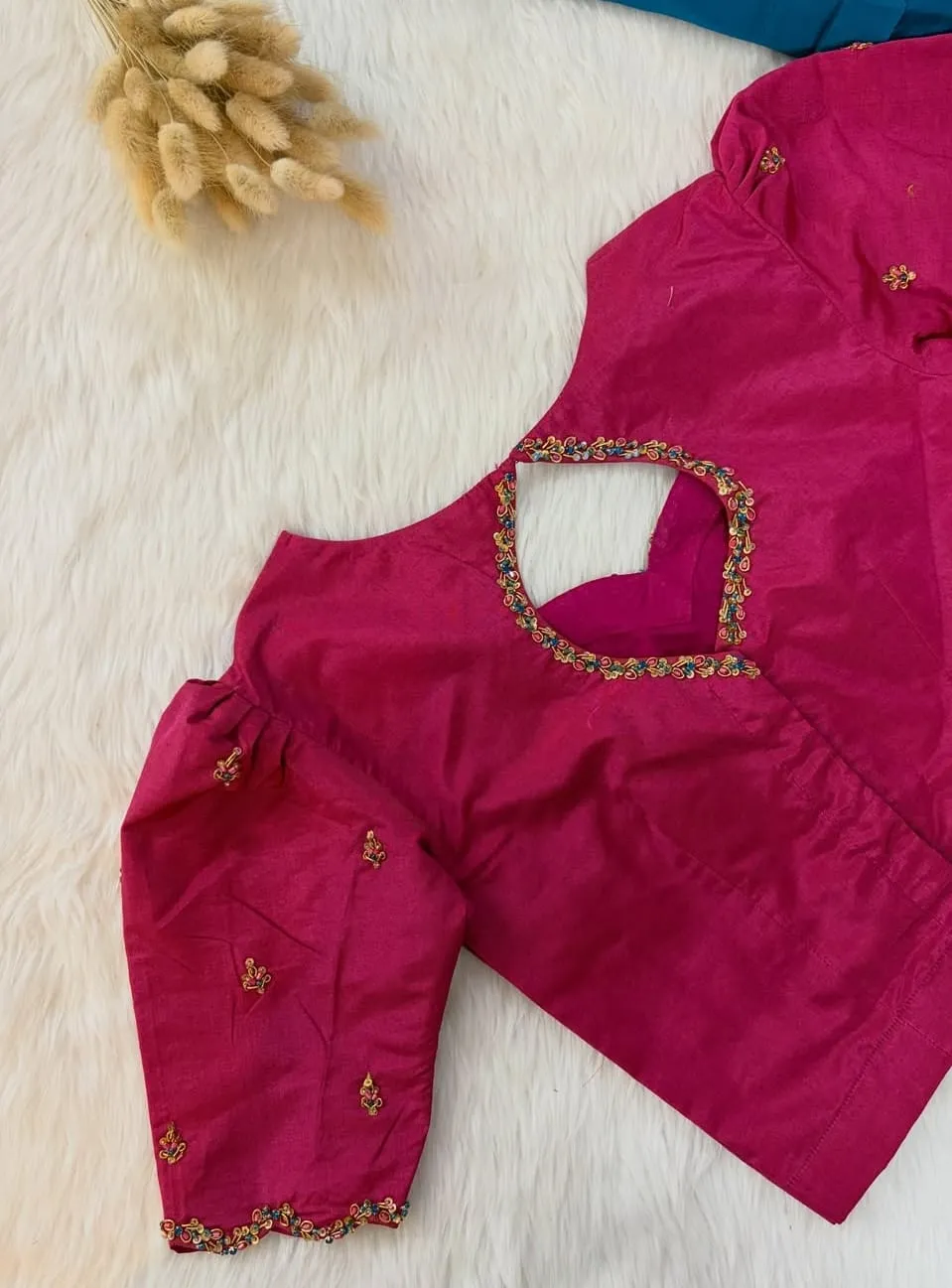 Hand Embroidered Rani Pink Raw Silk Blouse with Keyhole Back Neck, Multicolour Bead Border & Puff Sleeves