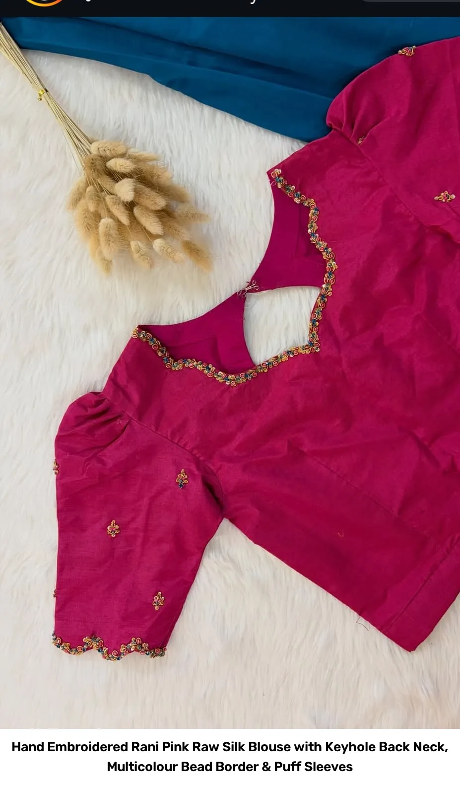 Hand Embroidered Rani Pink Raw Silk Blouse with Keyhole Back Neck, Multicolour Bead Border & Puff Sleeves 2