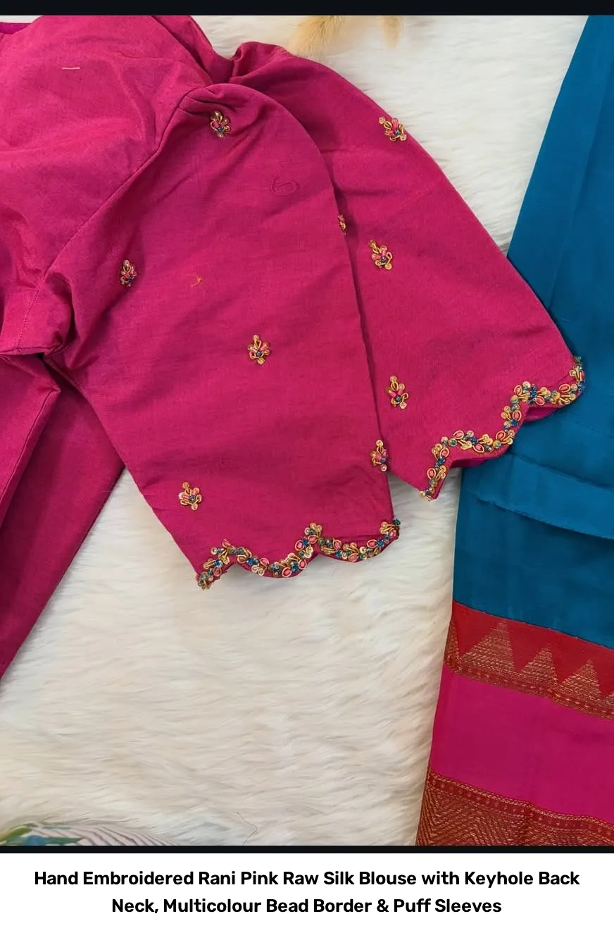 Hand Embroidered Rani Pink Raw Silk Blouse with Keyhole Back Neck, Multicolour Bead Border & Puff Sleeves 3