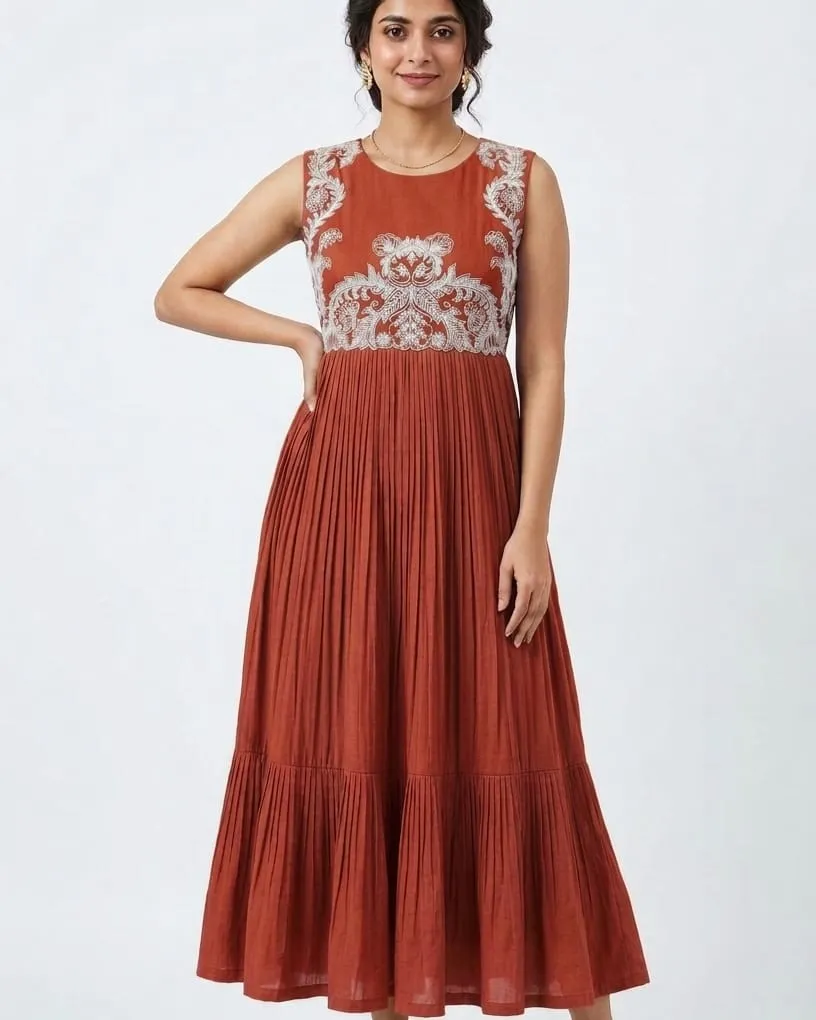Hand Embroidered Yoke Cotton Pleated Anarkali Maxi Dress – Sleeveless Tiered Ethnic Gown for Women