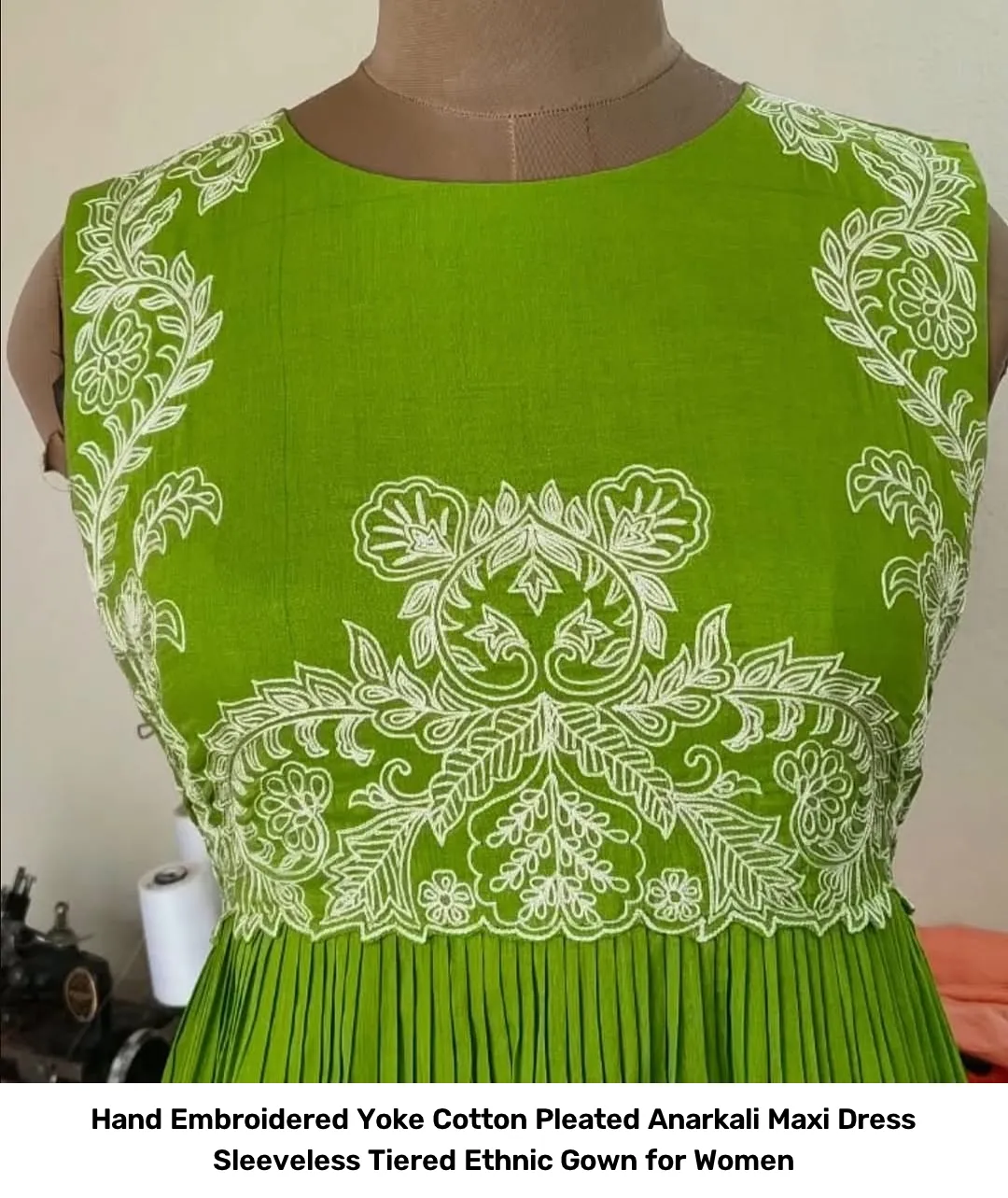 Hand Embroidered Yoke Cotton Pleated Anarkali Maxi Dress – Sleeveless Tiered Ethnic Gown for Women 2