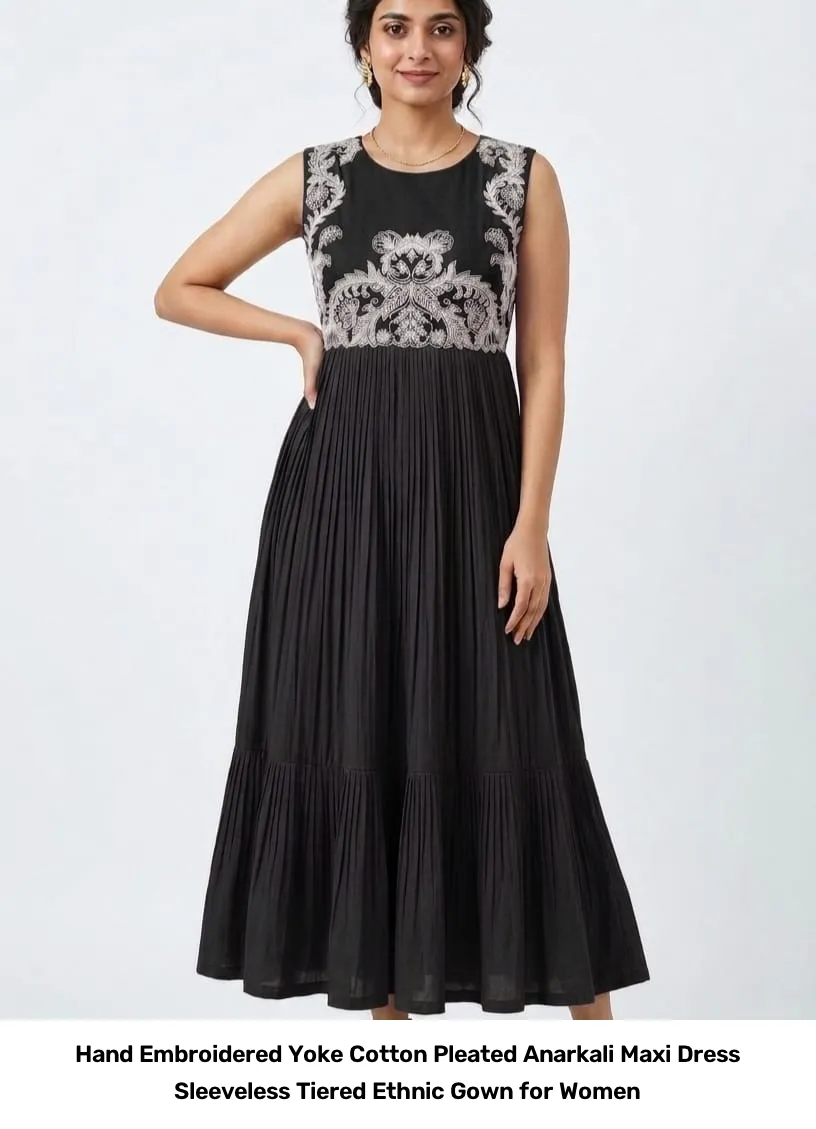 Hand Embroidered Yoke Cotton Pleated Anarkali Maxi Dress – Sleeveless Tiered Ethnic Gown for Women 3