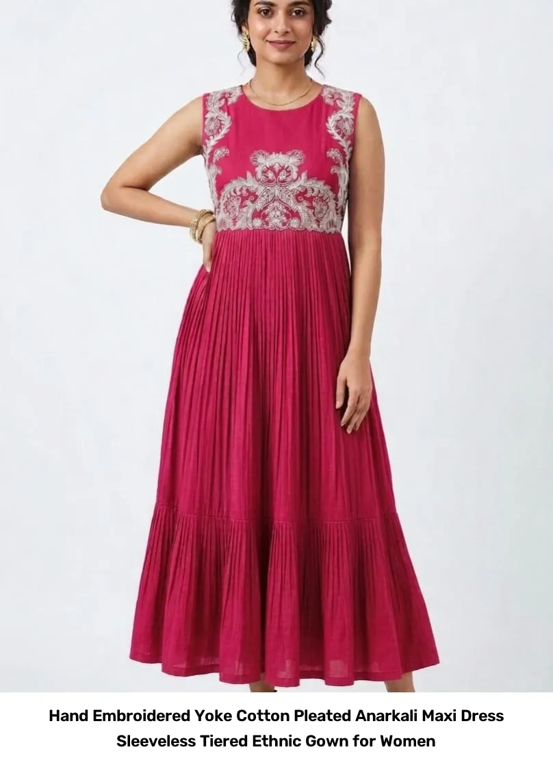 Hand Embroidered Yoke Cotton Pleated Anarkali Maxi Dress – Sleeveless Tiered Ethnic Gown for Women 4