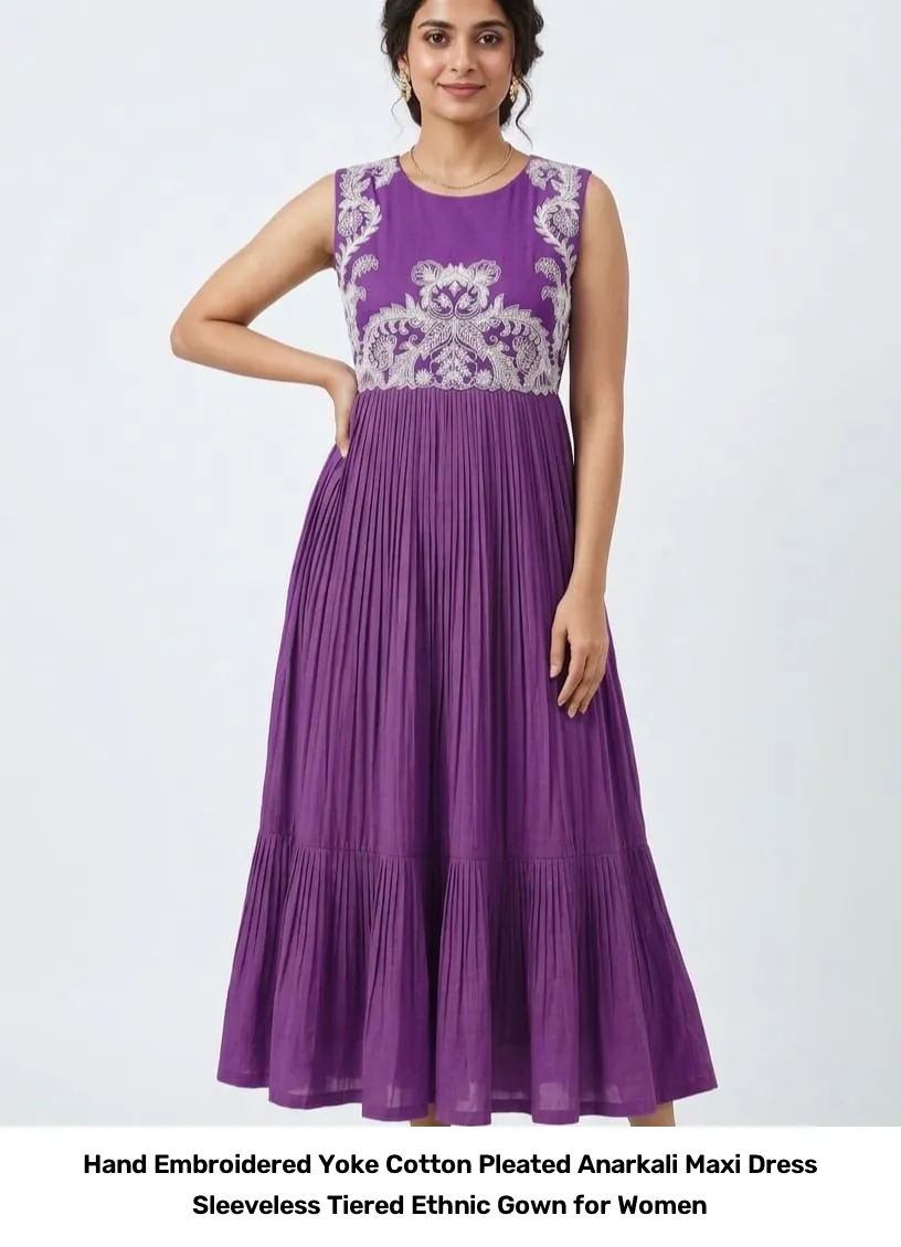 Hand Embroidered Yoke Cotton Pleated Anarkali Maxi Dress – Sleeveless Tiered Ethnic Gown for Women 5