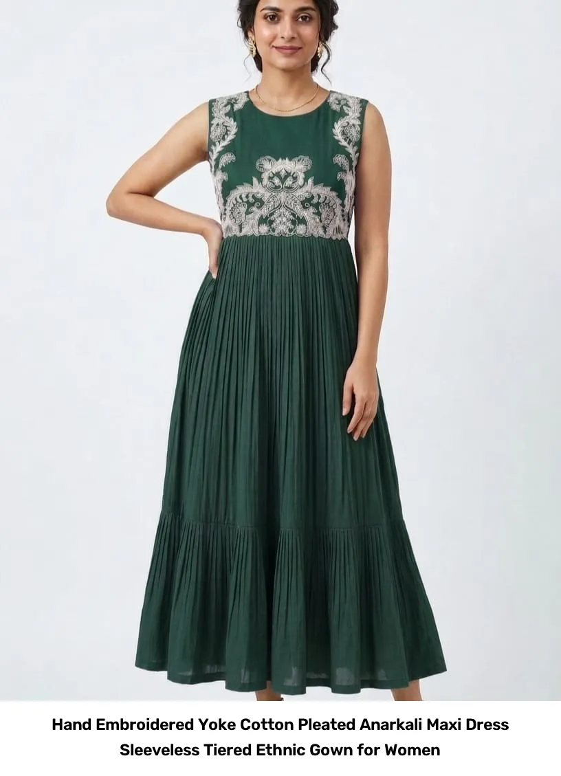 Hand Embroidered Yoke Cotton Pleated Anarkali Maxi Dress – Sleeveless Tiered Ethnic Gown for Women 6