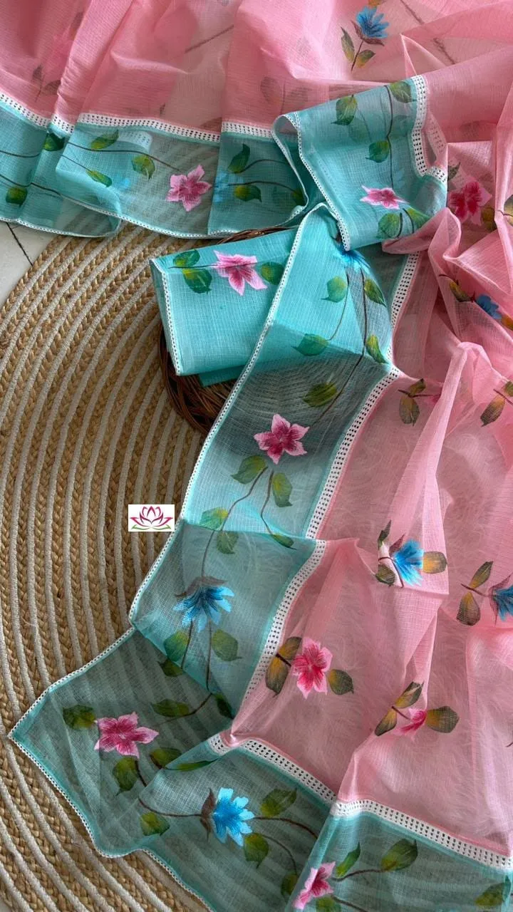 Hand-Painted Floral Kota Doria Silk Saree with Contrast Lace Border & Blouse