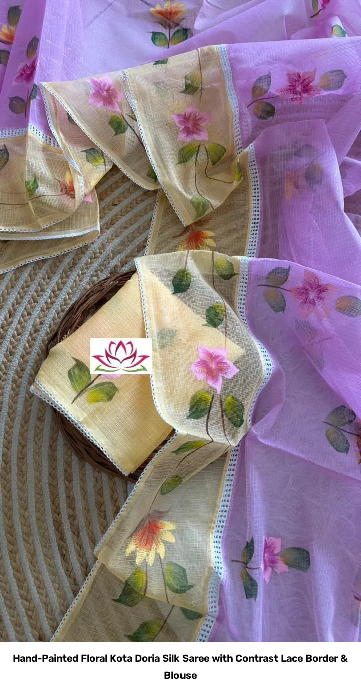 Hand-Painted Floral Kota Doria Silk Saree with Contrast Lace Border & Blouse 2