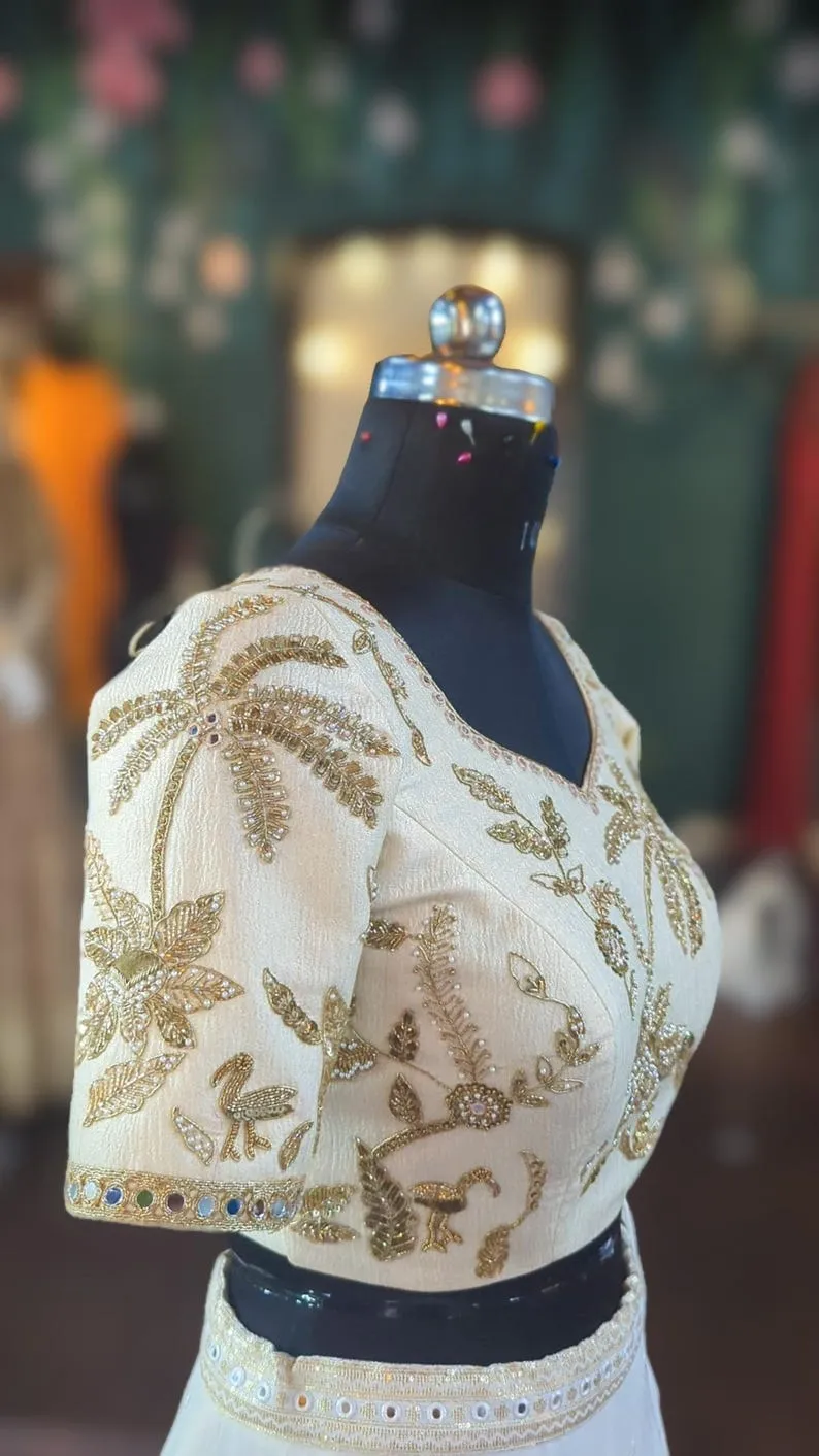 Handcrafted Ivory Silk Blouse with Gold Embroidery | Wedding & Reception Wear