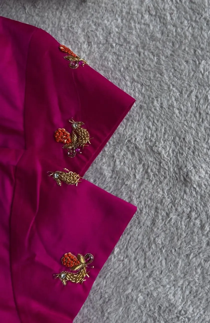 Handcrafted Magenta Silk Blouse with Zari Motifs | Wedding & Party Ethnic Wear