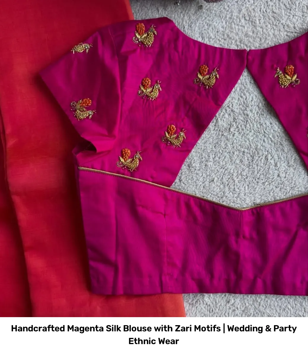 Handcrafted Magenta Silk Blouse with Zari Motifs | Wedding & Party Ethnic Wear 2