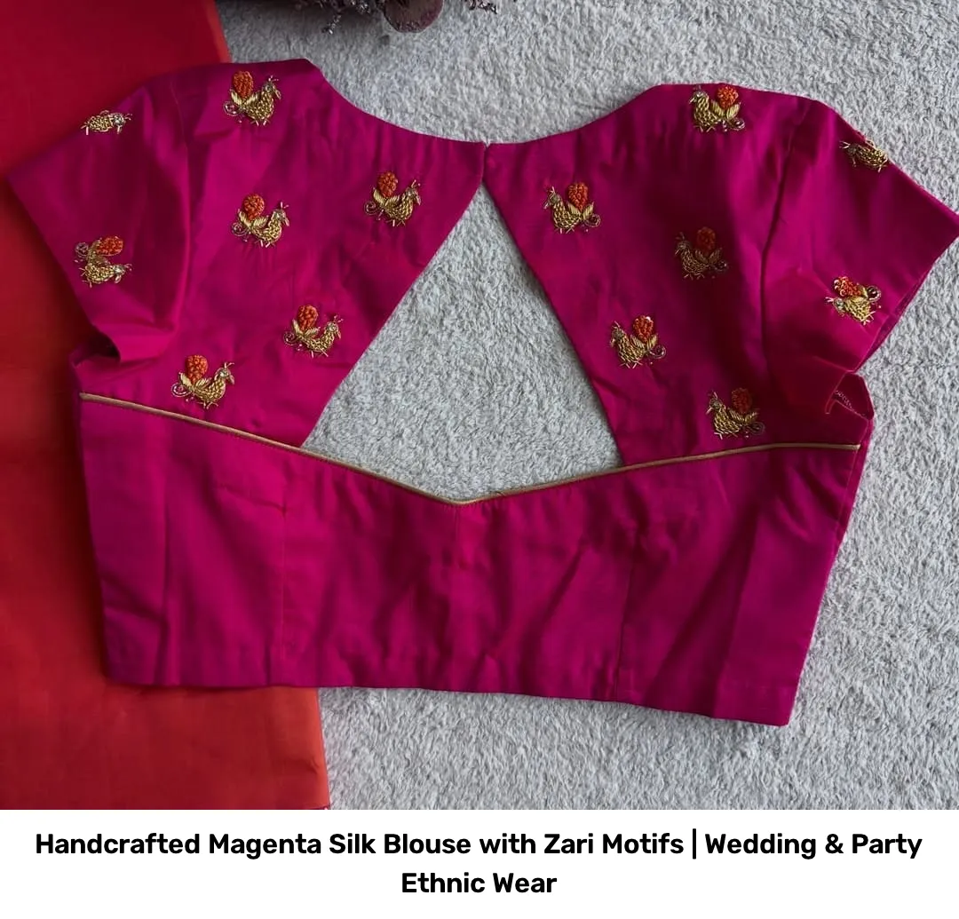 Handcrafted Magenta Silk Blouse with Zari Motifs | Wedding & Party Ethnic Wear 3