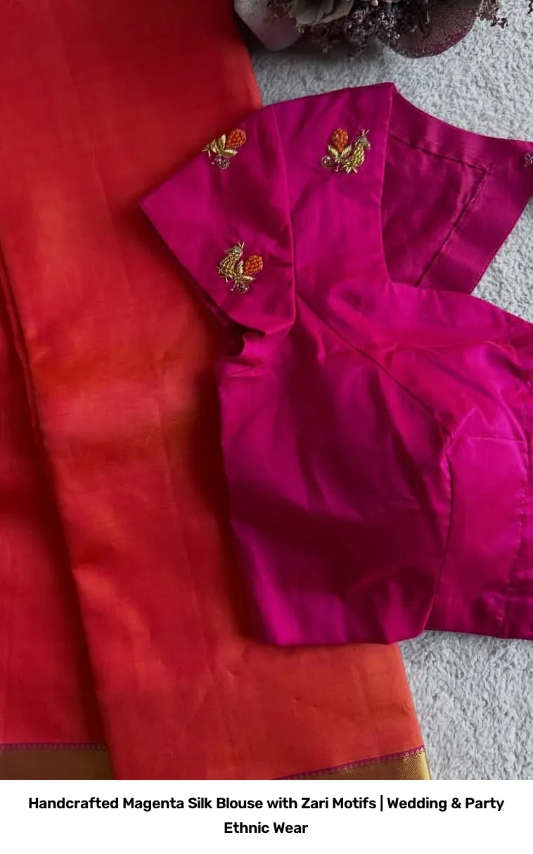 Handcrafted Magenta Silk Blouse with Zari Motifs | Wedding & Party Ethnic Wear 4