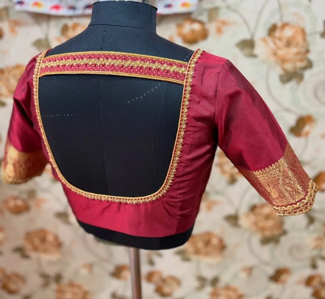 Handcrafted Maroon Silk Bridal Blouse with Square Window Back Neck & Intricate Gold Zari Lace Finish