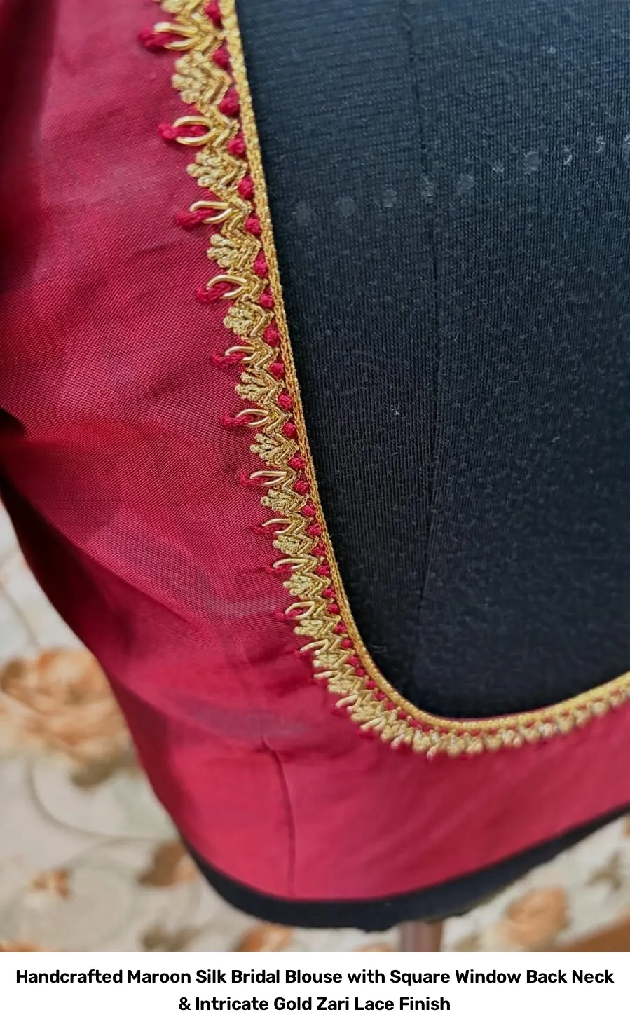 Handcrafted Maroon Silk Bridal Blouse with Square Window Back Neck & Intricate Gold Zari Lace Finish 2