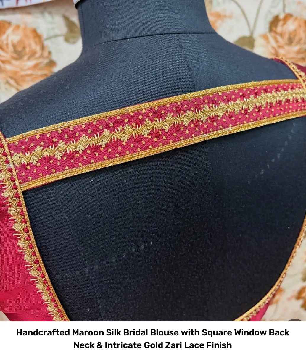 Handcrafted Maroon Silk Bridal Blouse with Square Window Back Neck & Intricate Gold Zari Lace Finish 3