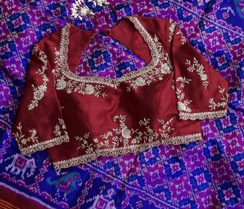 Handcrafted Maroon Zardosi Embroidered Blouse | Padded Silk Blouse with Back Cutout & Pearl Latkan