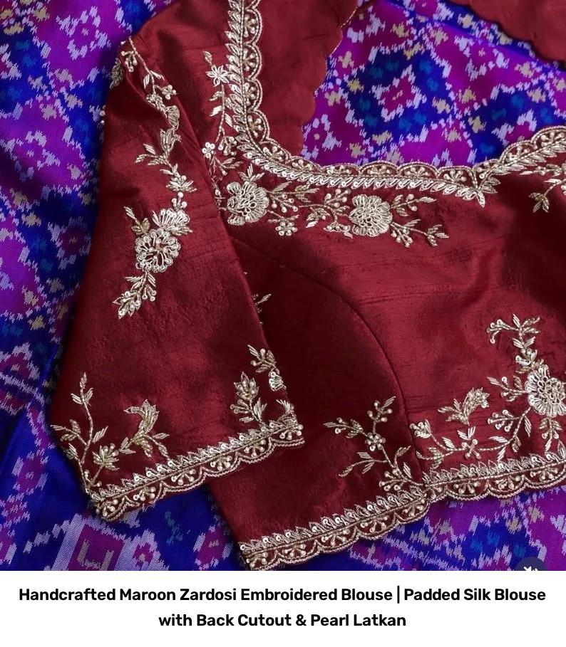 Handcrafted Maroon Zardosi Embroidered Blouse | Padded Silk Blouse with Back Cutout & Pearl Latkan 2