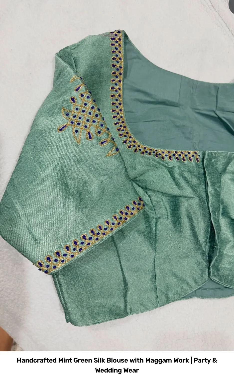 Handcrafted Mint Green Silk Blouse with Maggam Work | Party & Wedding Wear 2