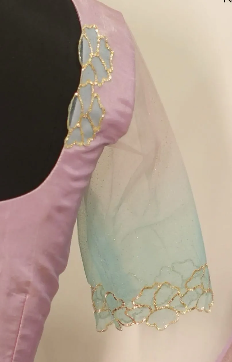 Handcrafted Pastel Pinkish Lilac Tissue Blouse with Mint Ombre Shimmer Net Sleeves & Scallop Zari Border